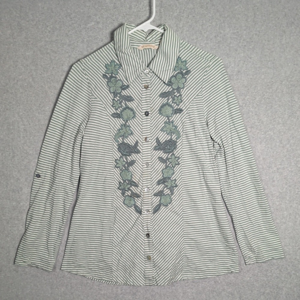 Soft Surroundings Embroidered Shirt Womens Small Green White Striped Roll Tab